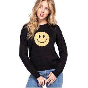 Smiley Face Sweater Women Small Black Yellow Trendy Y2K Fashion Twee Prep